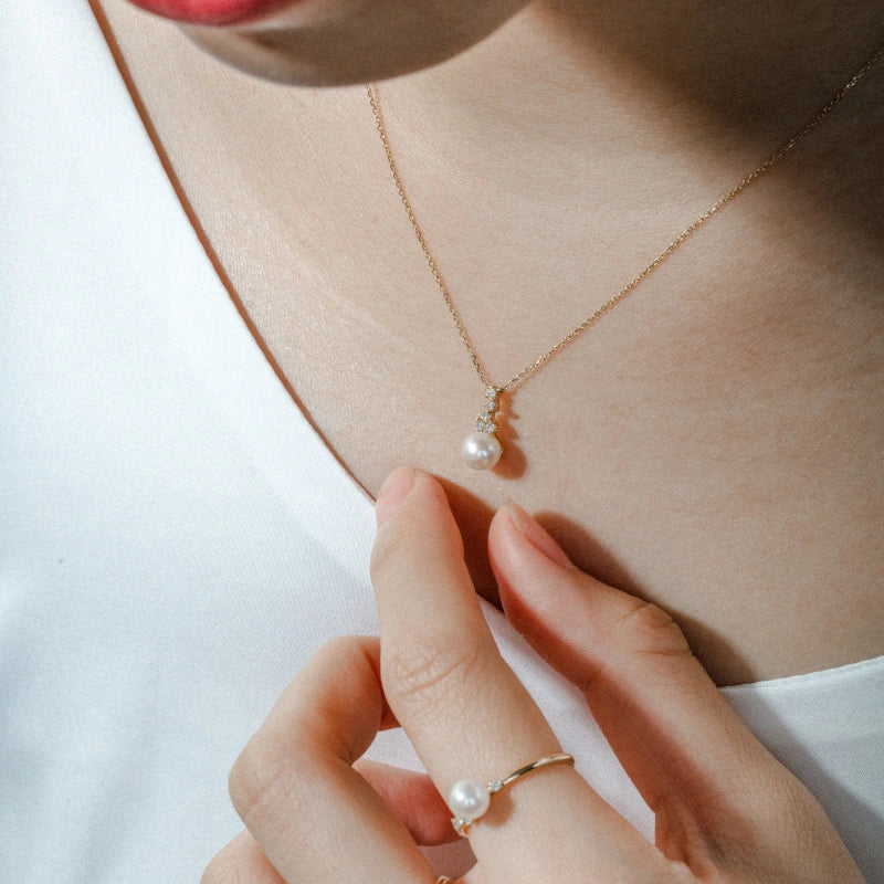 Aubrey 14K Solid Gold Pearl with Diamond Necklace - YE-UX