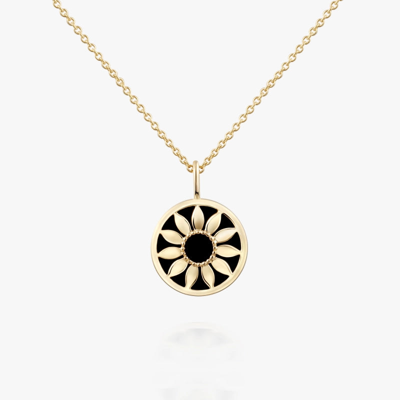 Sunflower 14K Solid Gold Onyx Signet Necklace - YE-UX