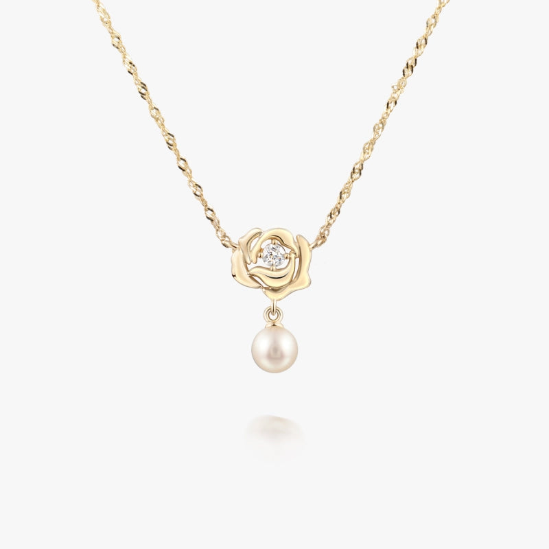 Rose 14k Solid Gold Diamond Pearl Necklace - YE-UX