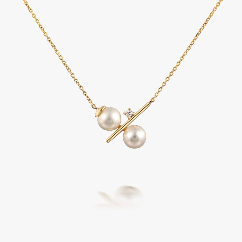 Lydia 14K Solid Gold Double Pearl Diamond Necklace - YE-UX