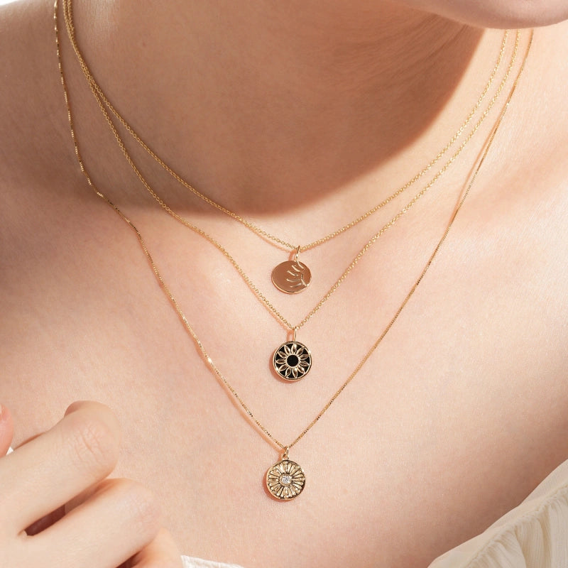 Sunflower 14K Solid Gold Onyx Signet Necklace - YE-UX