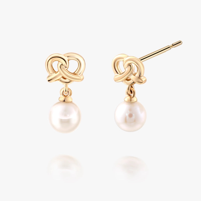 Pretzel 14K Solid Gold Pretzel with Pearl Earring - YE-UX